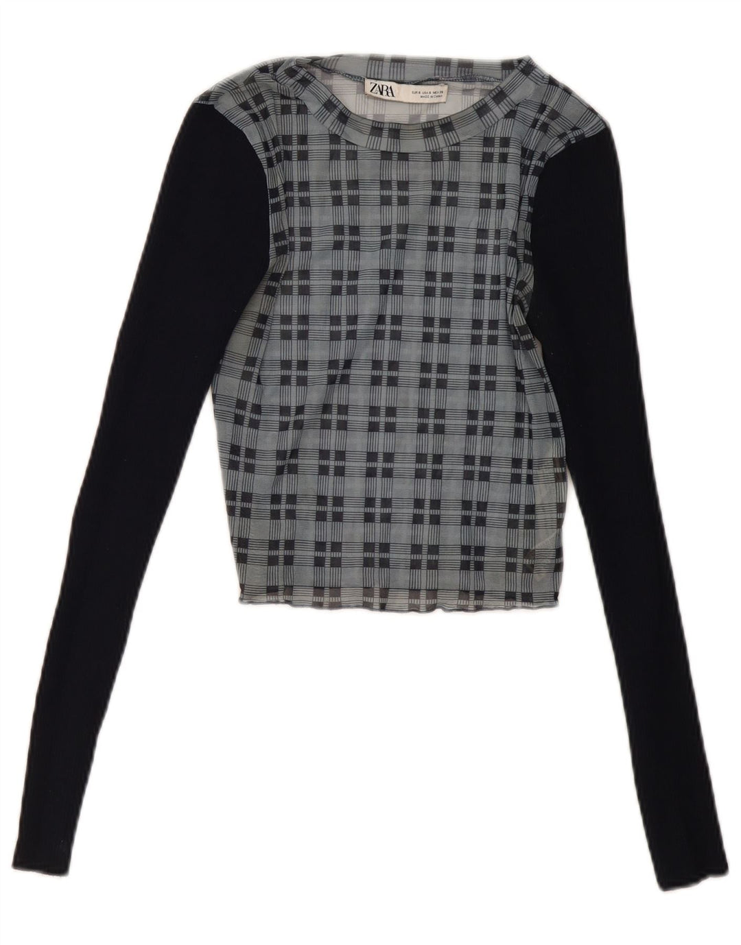 Zara Damen Crop Langarmbluse Top UK 8 Small Marineblau kariert