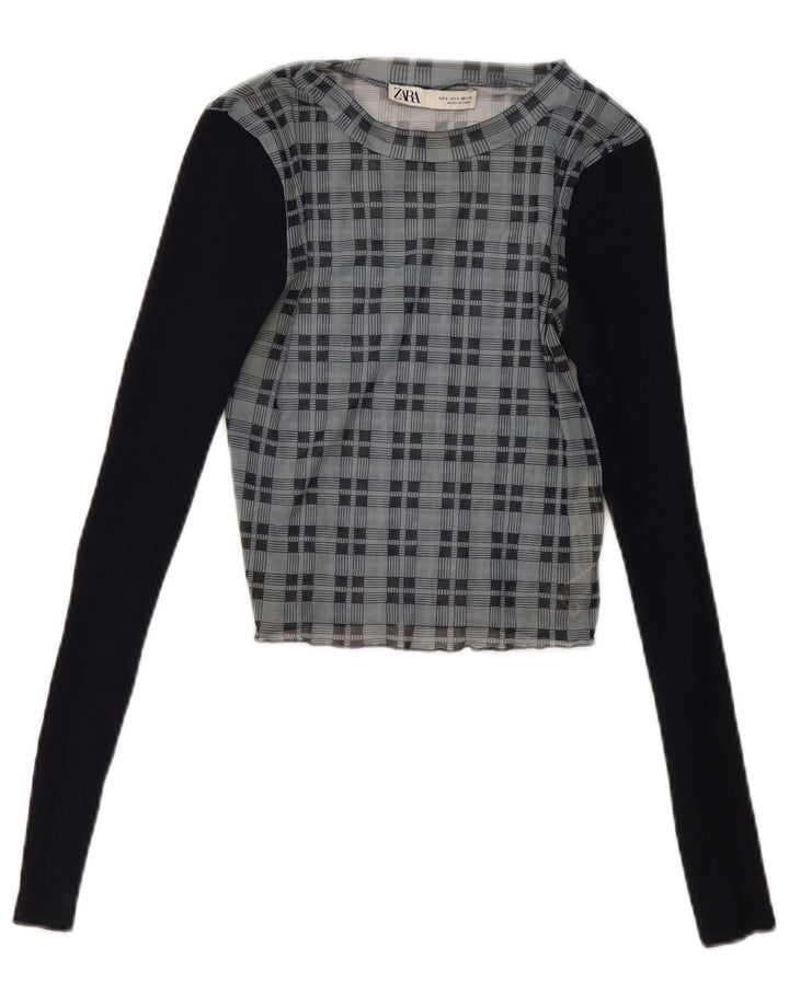 Zara Damen Crop Langarmbluse Top UK 8 Small Marineblau kariert