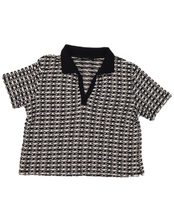 Zara Damen Crop Poloshirt UK 14 Medium Schwarz Geometrisch