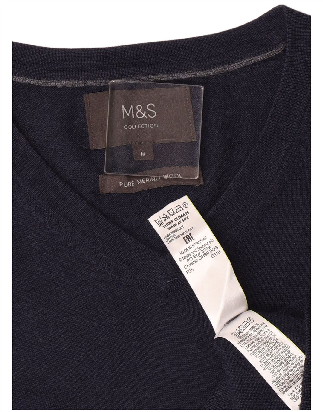 Marks & Spencer Herren-Pullover mit V-Ausschnitt aus mittelblauer Merinowolle