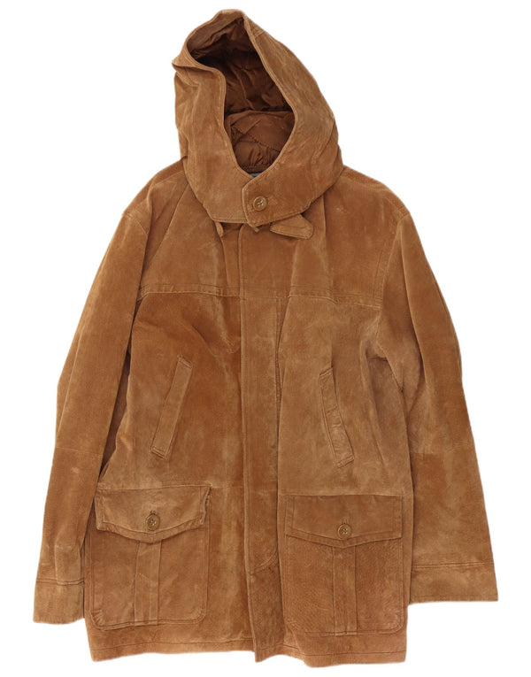 Vintage Mens Hooded Suede Overcoat IT 50 Large Beige Leather