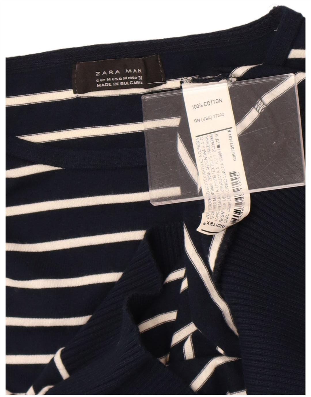 Zara Herren-Pullover mit Rundhalsausschnitt, mittlere marineblaue gestreifte Baumwolle