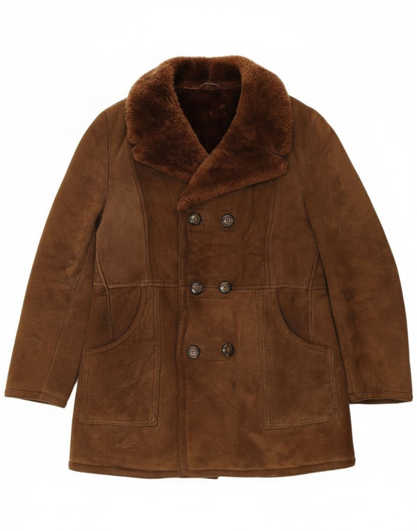 Vintage Herren Zweireihige Lammfelljacke IT 54 2XL Braunes Leder