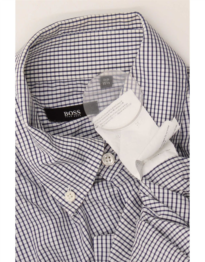 Hugo Boss Herrenhemd Größe 39 15 1/2 mittelblaue Gingham-Baumwolle