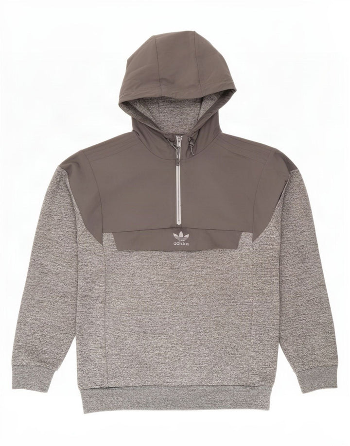 Adidas Herren-Kapuzenpullover mit Reißverschluss am Hals, mittelgraues Farbblock-Polyester
