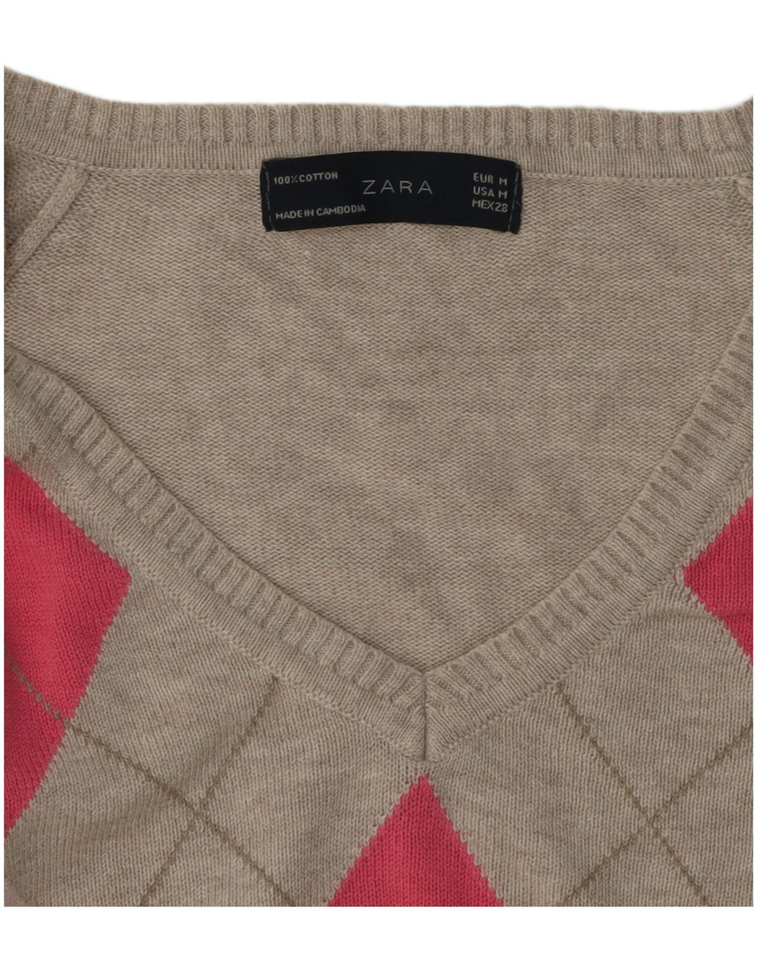 Zara Damen Crop V-Ausschnitt Pullover Pullover UK 12 Mittelgrau Argyle/Diamant