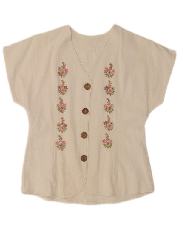 Vintage Damen Kurzarm-Hemdbluse UK 10 Small Off White Floral