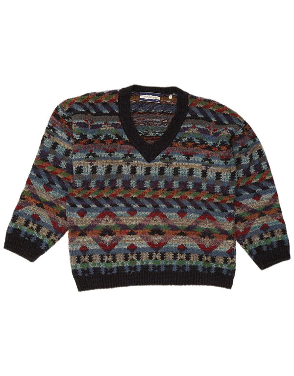 Vintage Herren V-Ausschnitt Pullover Pullover Medium Mehrfarbige geometrische Wolle