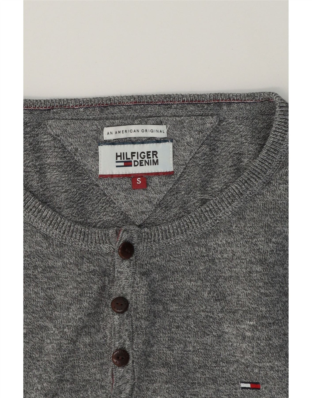 TOMMY HILFIGER Mens Button Neck Jumper Sweater Small Grey Flecked Cotton Vintage Tommy Hilfiger and Second-Hand Tommy Hilfiger from Messina Hembry 