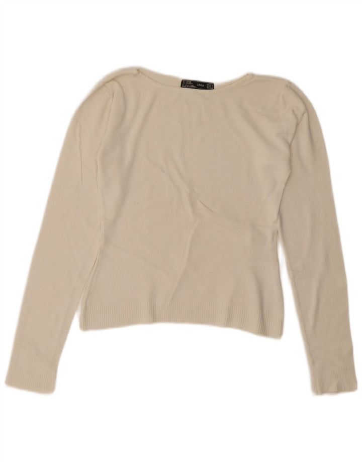 Zara Damen Crop Top Langarm UK 14 Large Off White Rayon