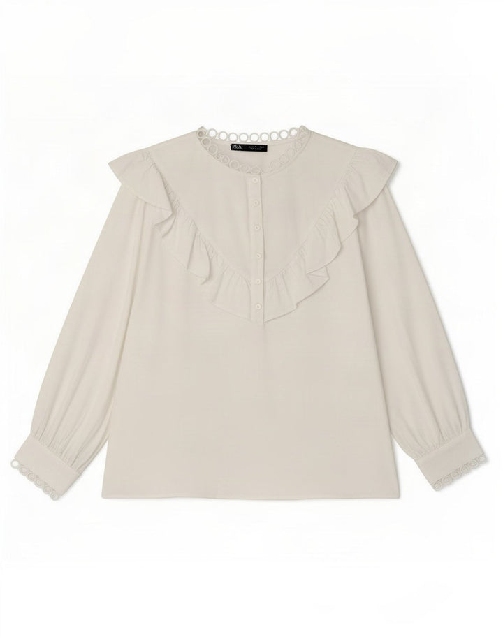 Zara Damen-Blusenoberteil mit 3/4-Ärmeln, UK-Größe 44, Größe L, Weiß, Polyester
