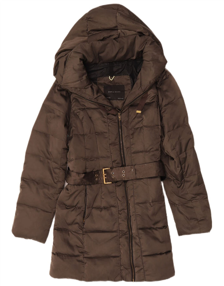 Zara Damen Kapuzenmantel, gepolstert, UK 16, Größe L, braun, Polyester