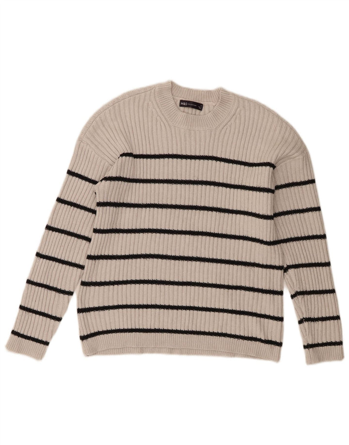 Marks & Spencer Damen Pullover mit Rundhalsausschnitt, UK 14, Mittelgrau gestreift