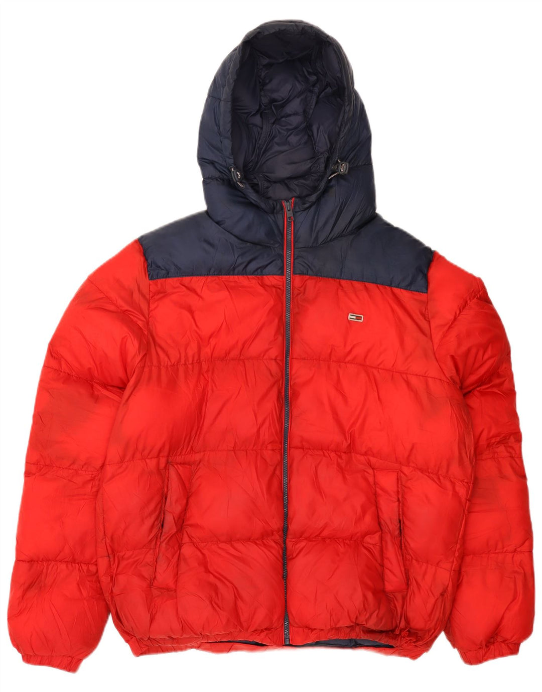 TOMMY HILFIGER Wattierte Herrenjacke mit Kapuze, UK 40, Größe L, Rot, Farbblock