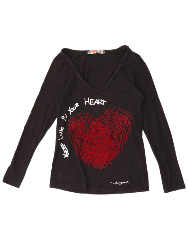 Desigual Womens Graphic Top Langarm UK 14 Großes schwarzes Baumwollherz