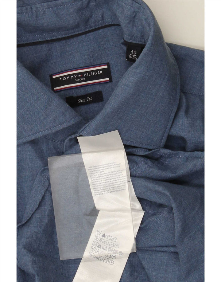 Tommy Hilfiger Herren-Slim-Fit-Hemd, Größe 40, mittelblaue Baumwolle