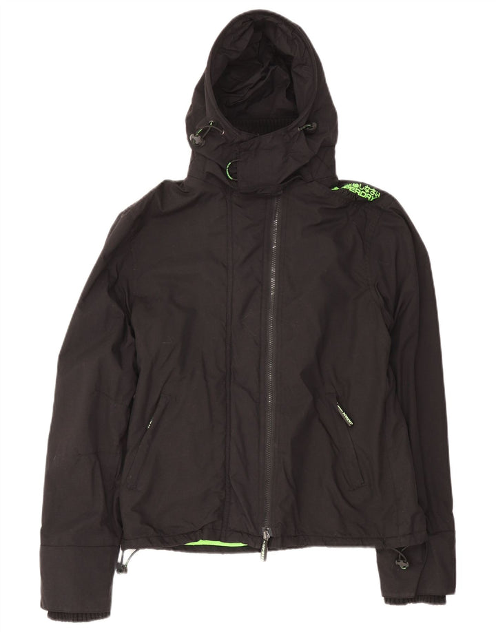 Superdry Damen-Windbreakerjacke mit Kapuze, UK 14, Größe L, schwarzes Nylon