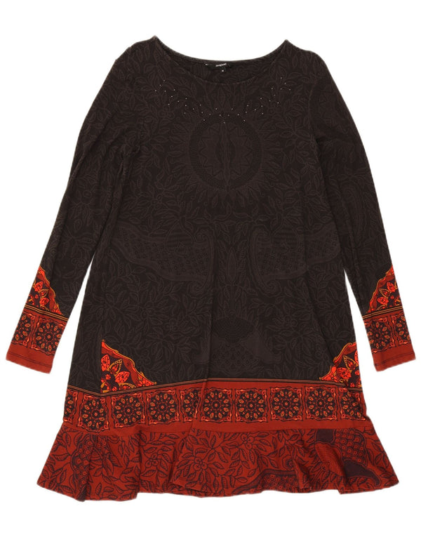 Desigual Damen Grafik-Langarm-Stufenkleid UK 12 Mittelbraun mit Blumenmuster