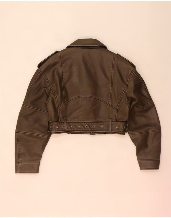 Zara Damen Crop Kunstleder Bikerjacke UK 10 Small Khaki Polyethylen