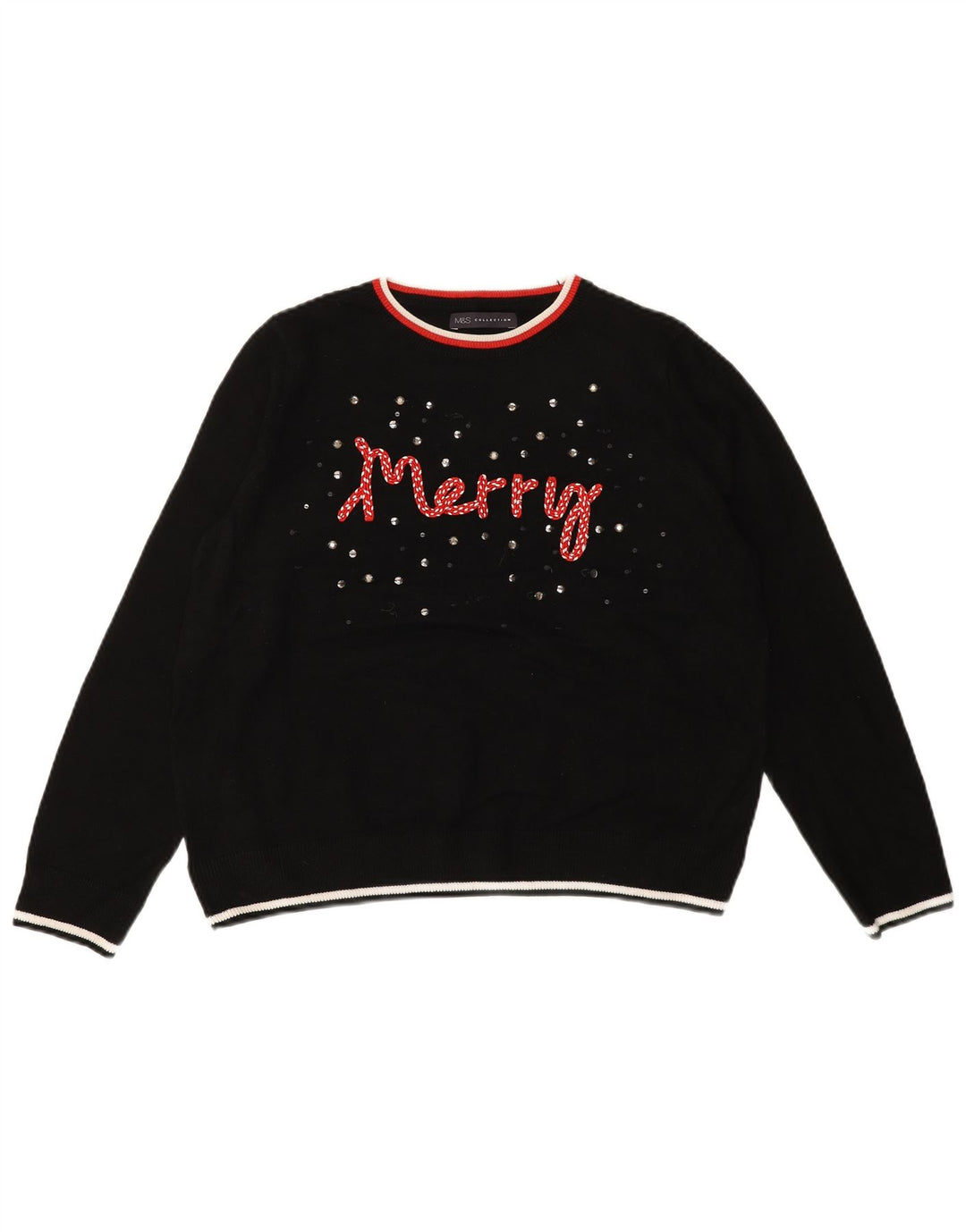 MARKS & SPENCER Womens Graphic Crew Neck Jumper Sweater UK 14 Medium Black