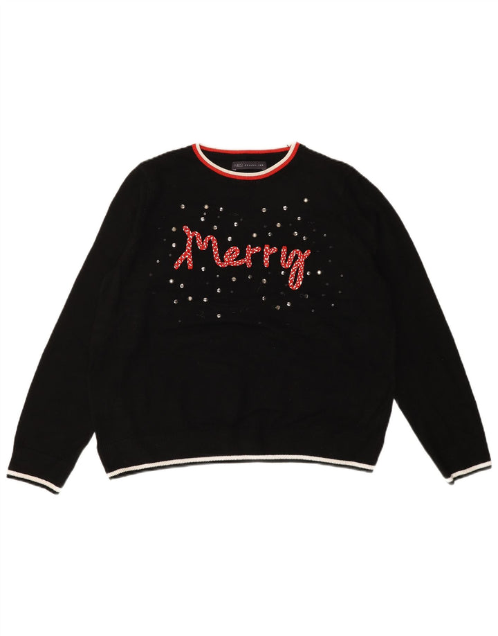 MARKS & SPENCER Womens Graphic Crew Neck Jumper Sweater UK 14 Medium Black