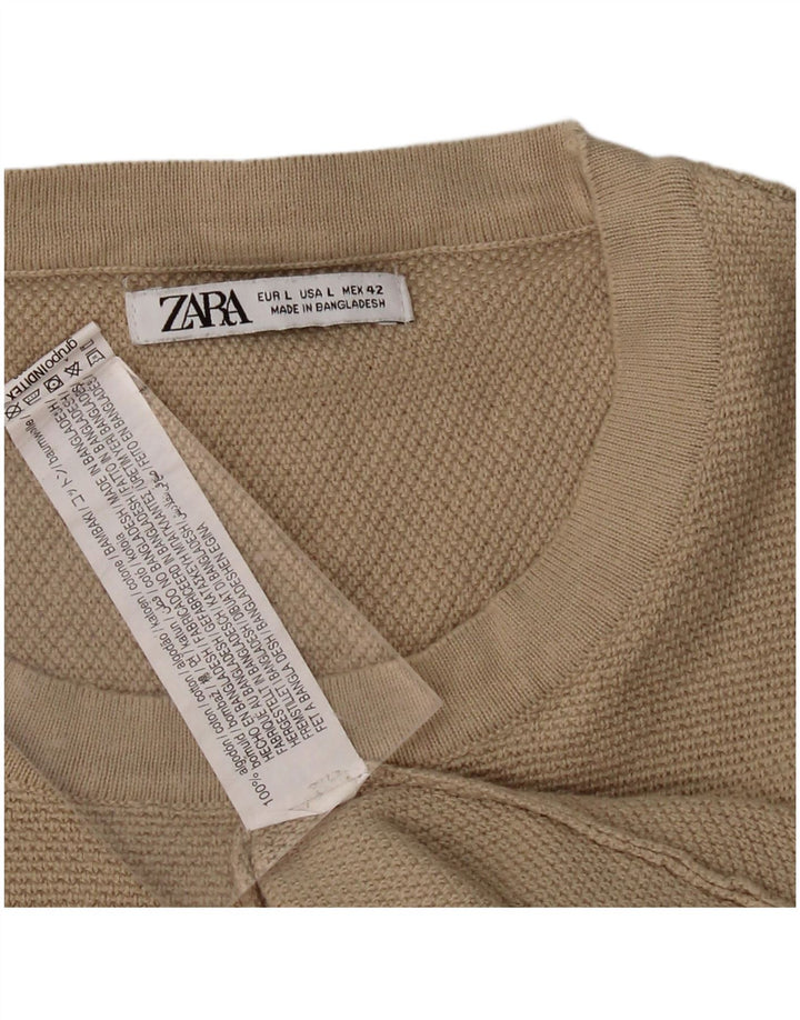 ZARA Mens T-Shirt Top Large Beige Cotton