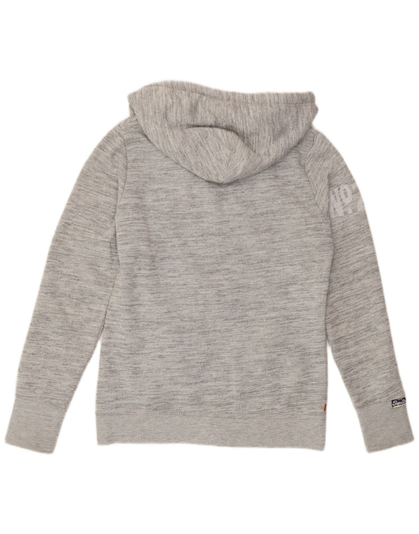 Superdry Damen-Kapuzenpullover mit grafischem Reißverschluss, UK 14, mittelgrau gefleckte Baumwolle