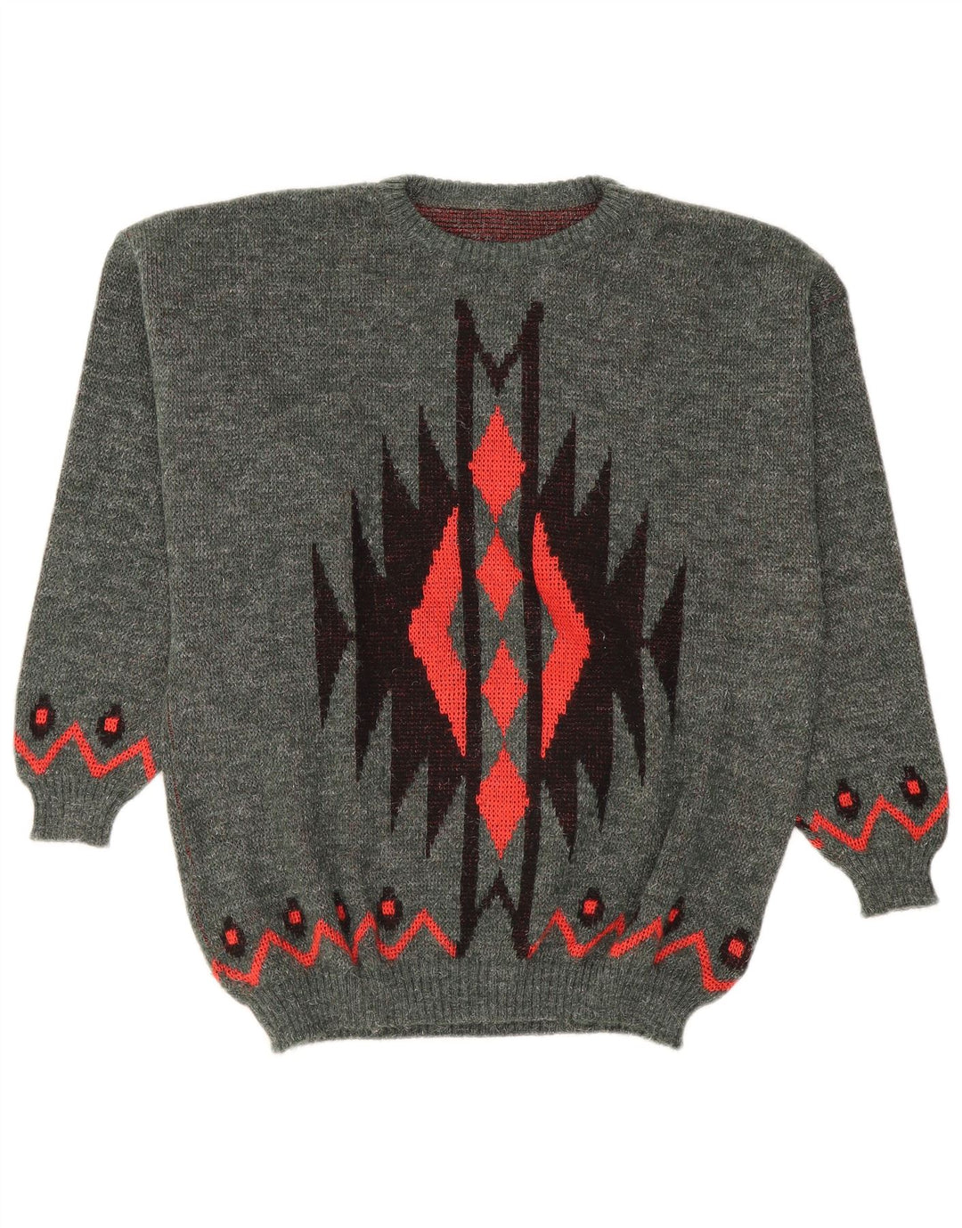 Vintage Herren Pullover mit Rundhalsausschnitt, groß, grau, geometrisch, Polyacryl