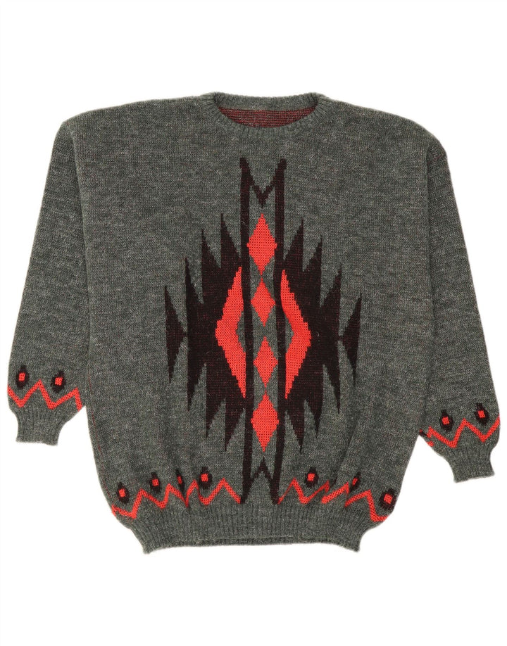 Vintage Herren Pullover mit Rundhalsausschnitt, groß, grau, geometrisch, Polyacryl
