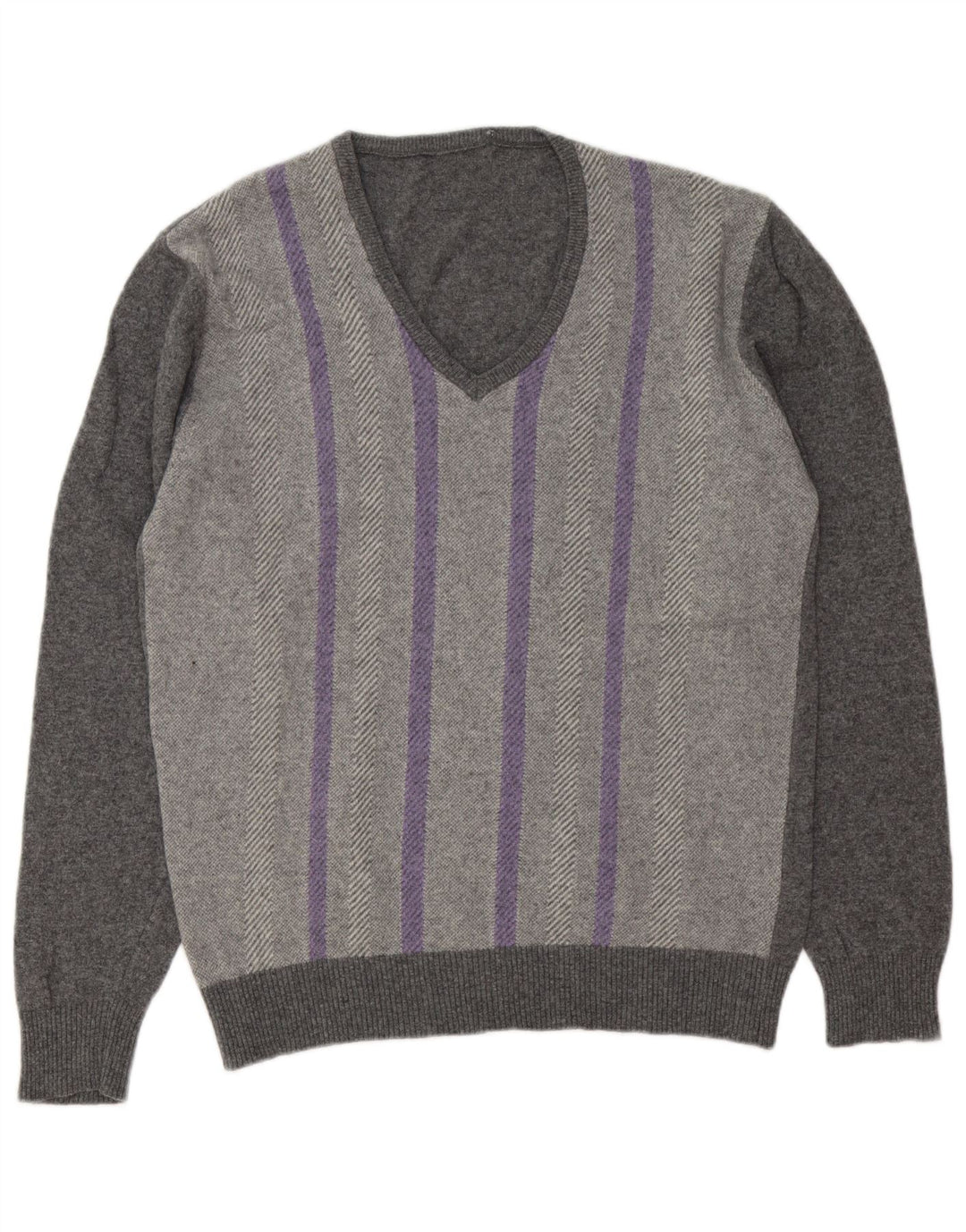 Vintage Herren Pullover mit V-Ausschnitt, groß, grau gestreift