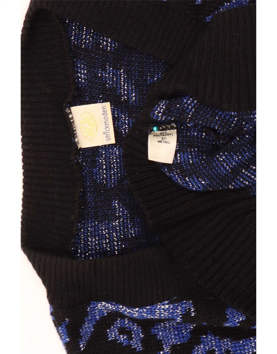 Vintage Damen Pullover mit abstraktem Muster und V-Ausschnitt, Gr. 16, Marineblau