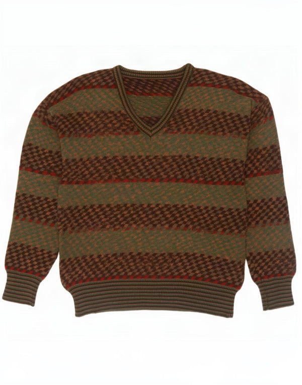Vintage Herren Pullover mit V-Ausschnitt IT 50 Medium Khaki gestreift