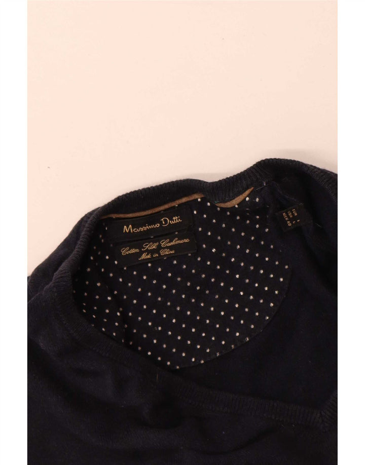 Massimo Dutti Herren-Pullover mit V-Ausschnitt, groß, marineblaue Baumwolle