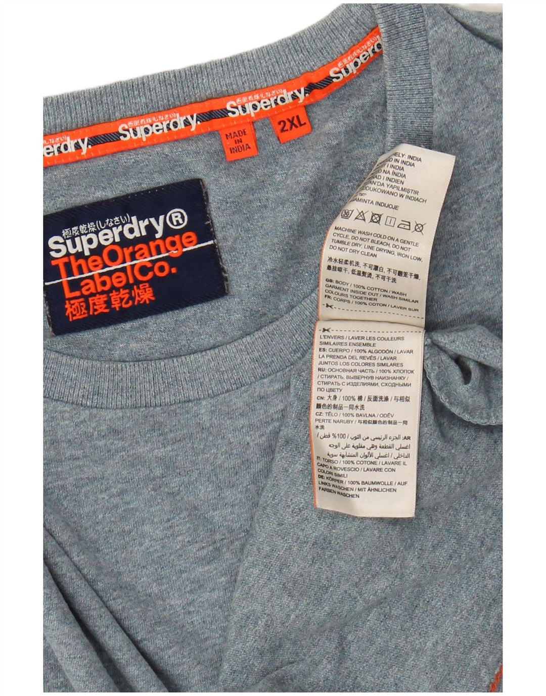 SUPERDRY Herren-T-Shirt-Oberteil 2XL aus blau melierter Baumwolle