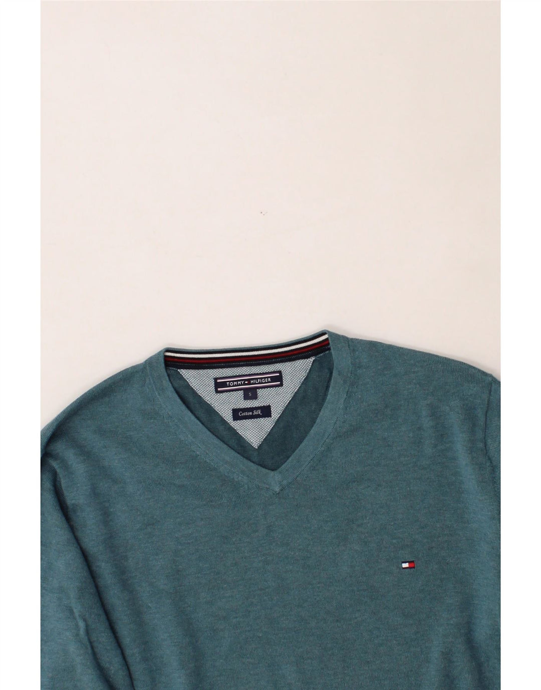 TOMMY HILFIGER Mens V-Neck Jumper Sweater Small Blue Cotton Vintage Tommy Hilfiger and Second-Hand Tommy Hilfiger from Messina Hembry 
