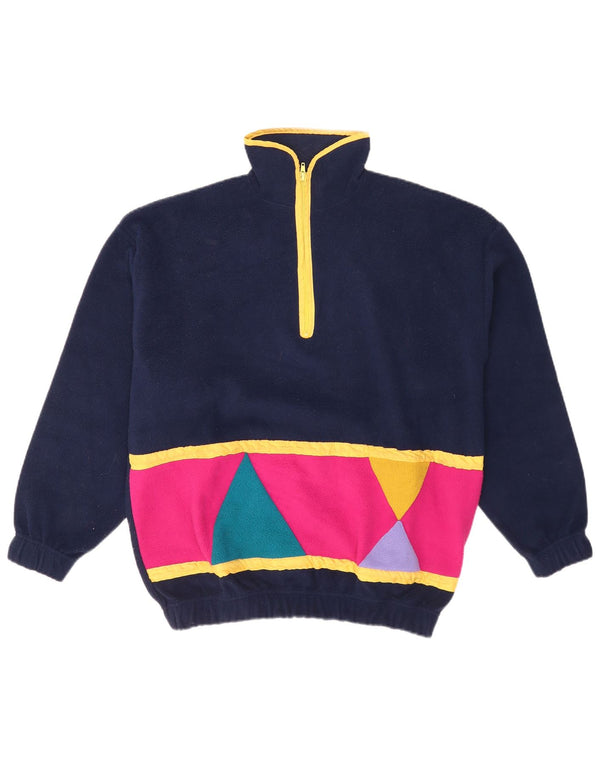 Vintage Damen Fleecepullover mit Reißverschluss, UK 16, groß, marineblau, geometrisch