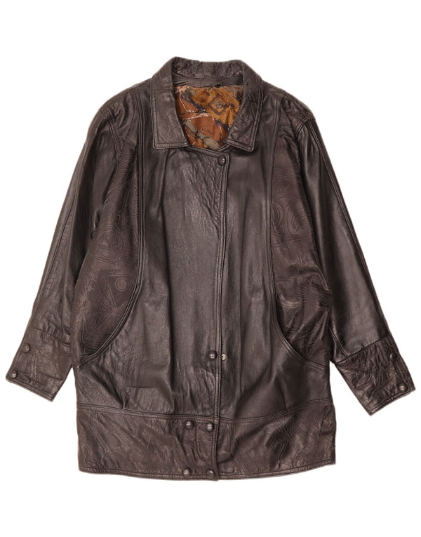 Vintage Damen Ledermantel UK 14 Großes schwarzes geometrisches Leder