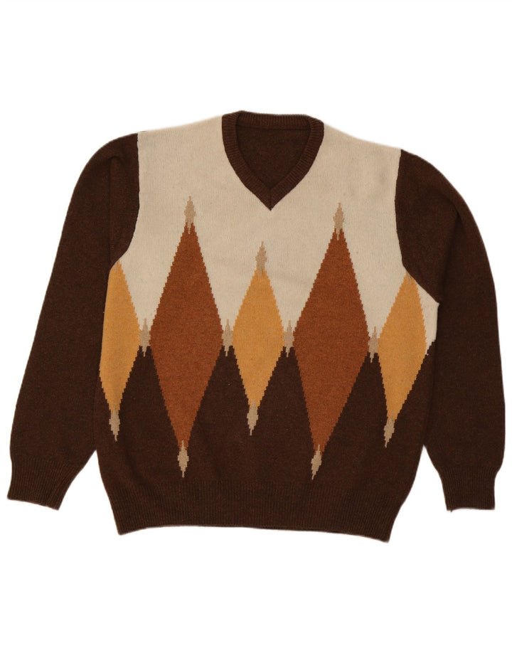 Vintage Herren Pullover mit V-Ausschnitt, groß, braun, Argyle/Diamant