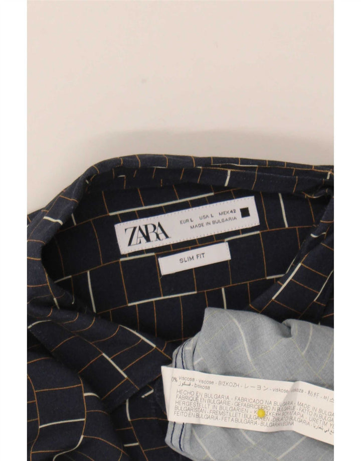 Zara Herren-Slim-Fit-Hemd, groß, marineblau, kariert, Viskose