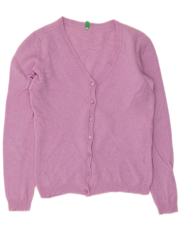 Benetton Damen Crop Cardigan Pullover UK 10 Small Rosa Schurwolle