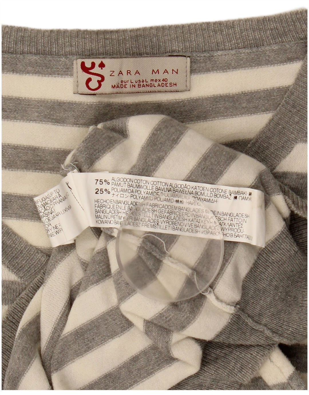 Zara Herren-Pullover mit V-Ausschnitt, groß, grau gestreift, Baumwolle