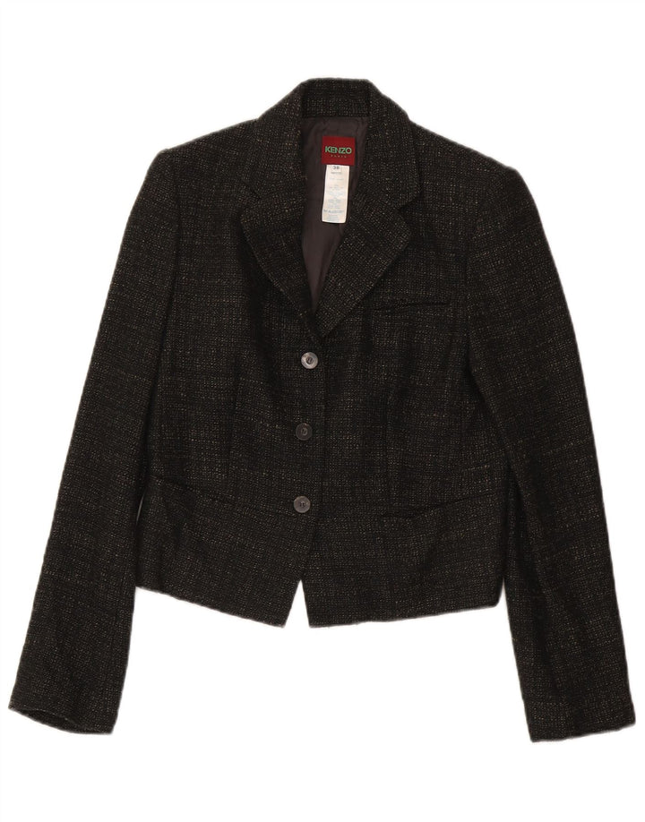 Kenzo Damen-Blazerjacke mit 3 Knöpfen, EU 38, mittelbraun gesprenkelte Wolle