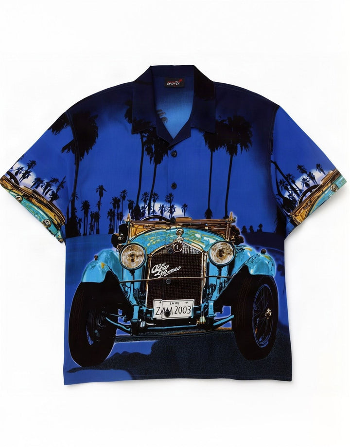 Vintage Herren Hawaii-Kurzarmshirt, groß, blau, Polyester