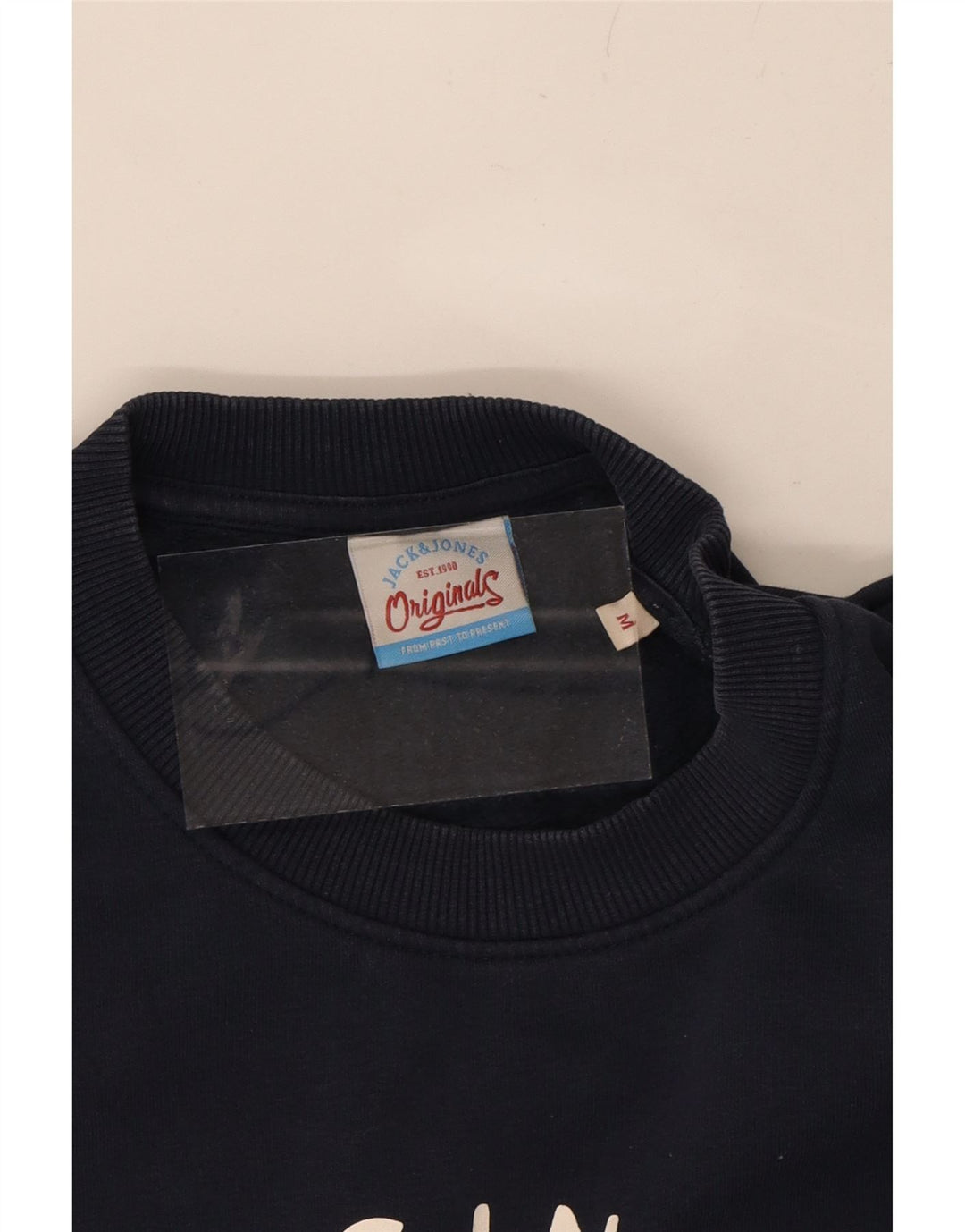 JACK & JONES Mens Originals Graphic Sweatshirt Jumper Medium Navy Blue Vintage Jack & Jones and Second-Hand Jack & Jones from Messina Hembry 