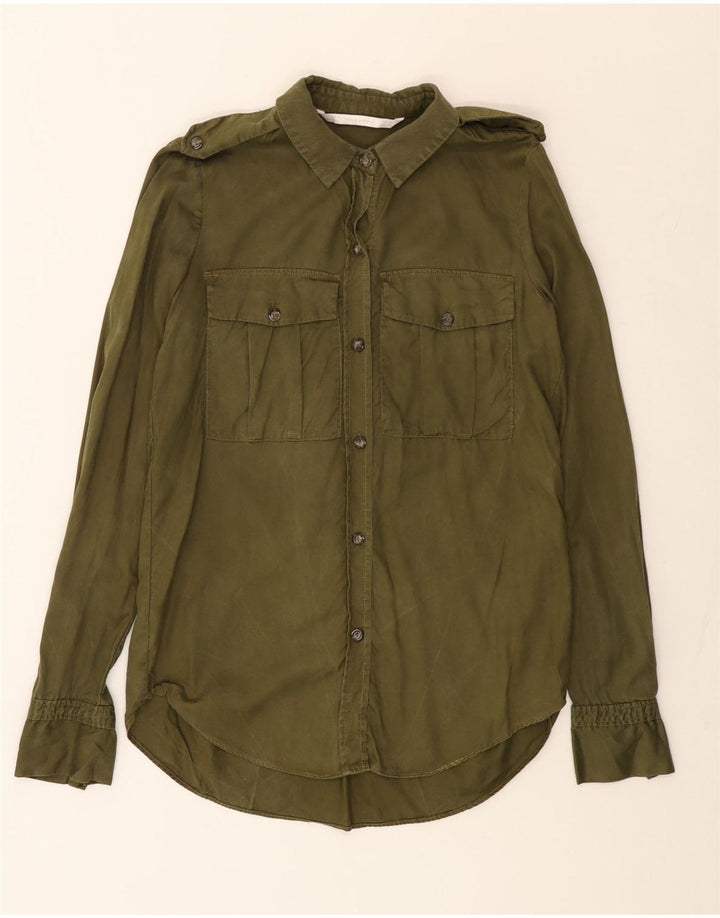 ZARA Damen Longline-Übergroßes Hemd UK 6 XS Khaki Lyocell