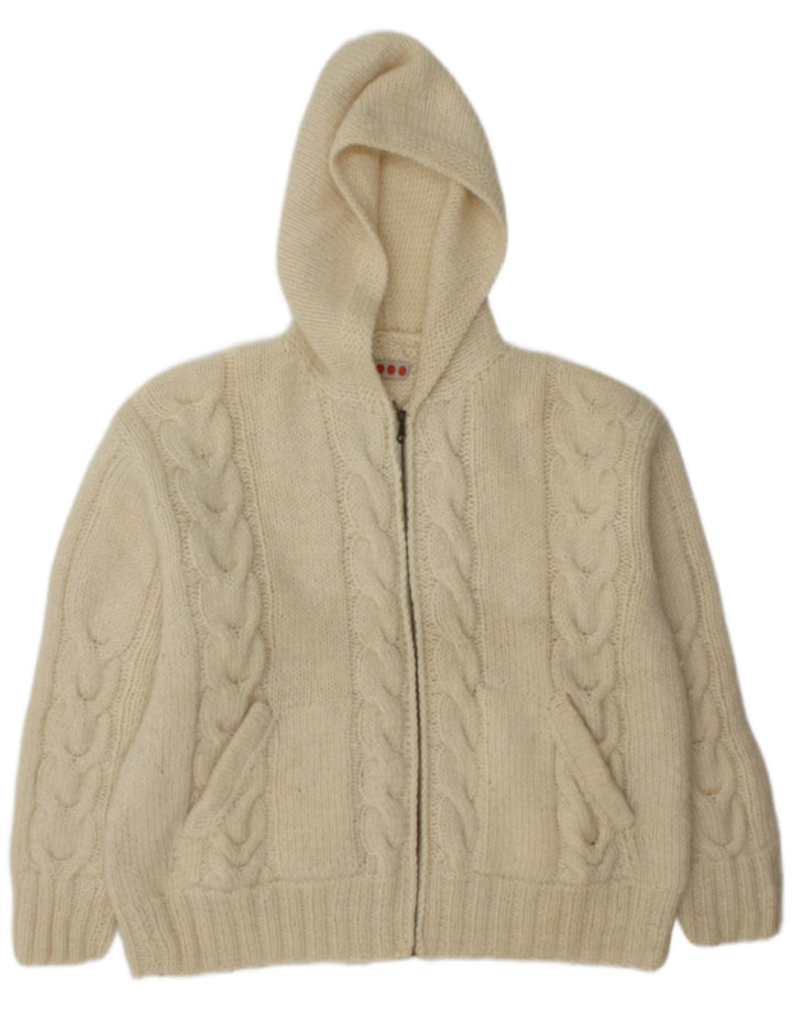 Vintage Herren Strickjacke mit Kapuze, groß, aus weißer Wolle