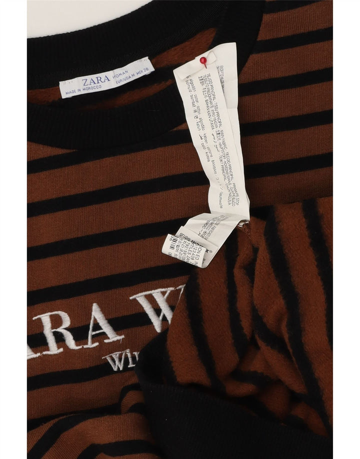 ZARA Damen Grafik-Sweatshirt-Pullover UK 14 Mittelbraun gestreift aus Baumwolle