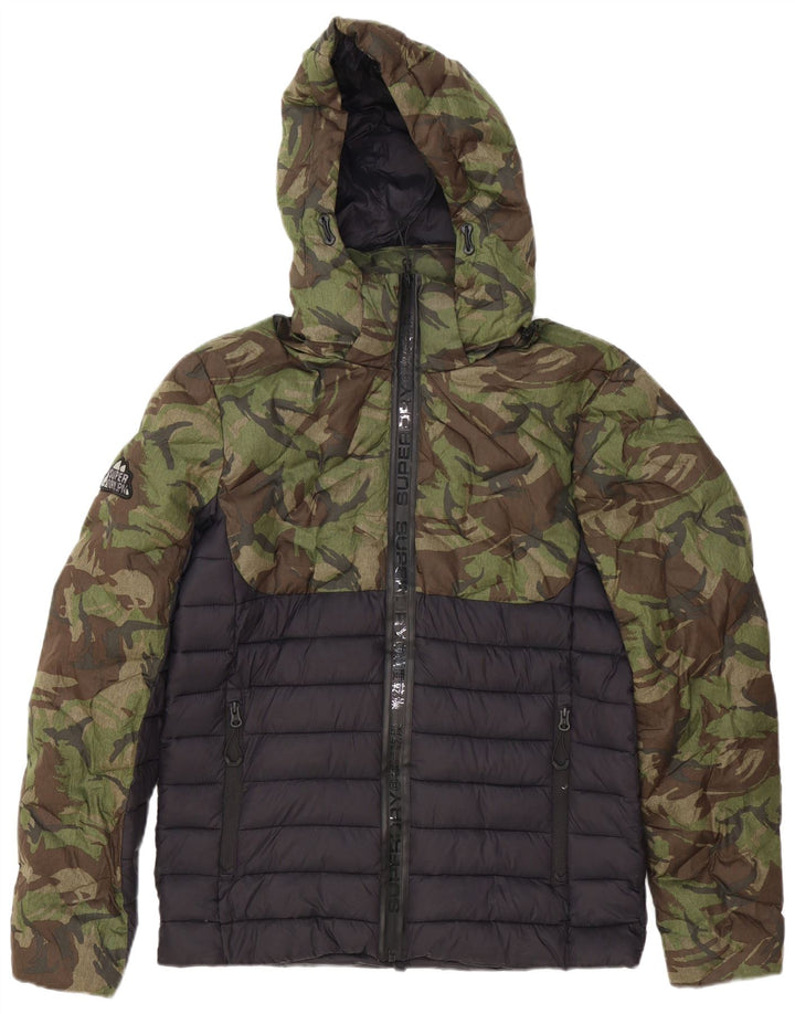 Superdry Herren-Jacke mit Kapuze, gepolstert, UK 38, Mittelgrün, Camouflage-Polyester