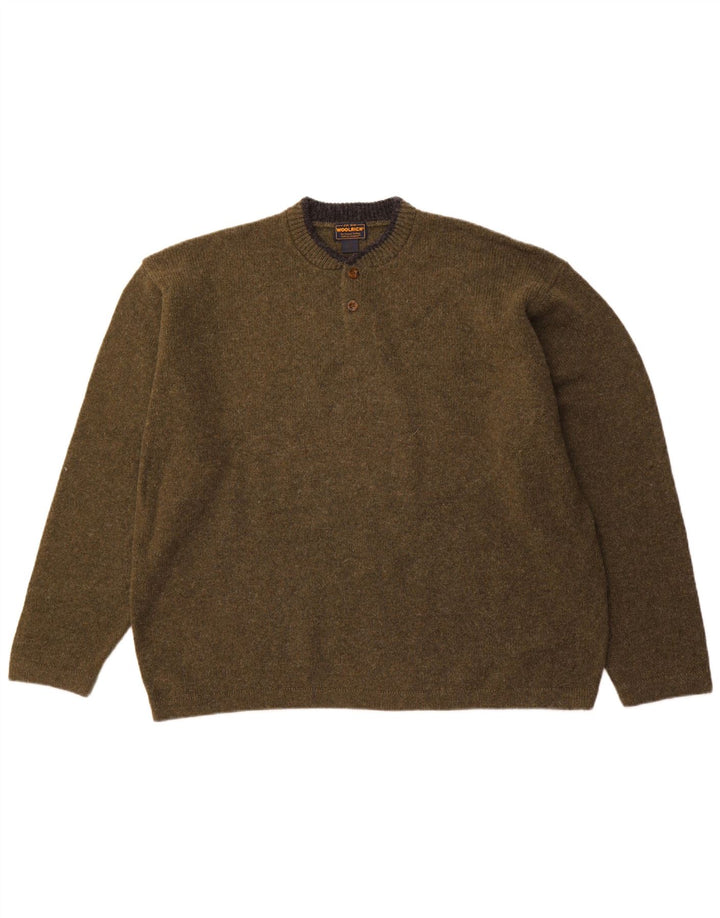 WOOLRICH Herren-Pullover mit Knopfkragen, 2XL, Khaki, Wolle