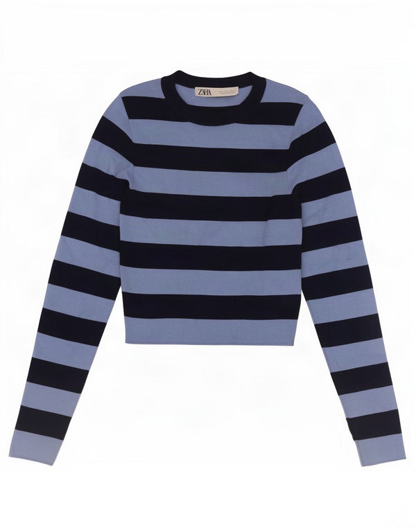 Zara Damen Crop Top Langarm UK 8 Small Blau gestreift
